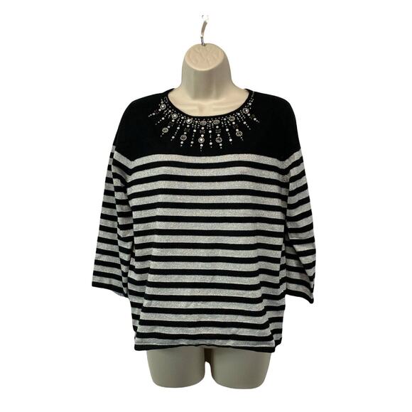 Alfred Dunner Womens Top 3/4 Sleeve Embellished Stretch Striped Blouse Size PM - Picture 1 of 10
